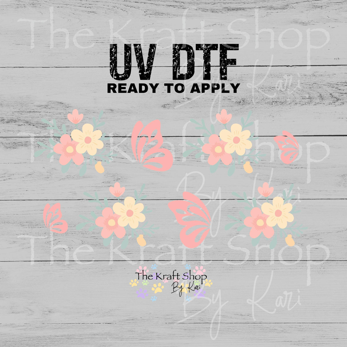 UV DTF sticker print Pastel Yellow Pink Flowers and Butterfly Wrap, tumbler decal, permanent sticker. UV wrap for glass can tumbler. #6083
