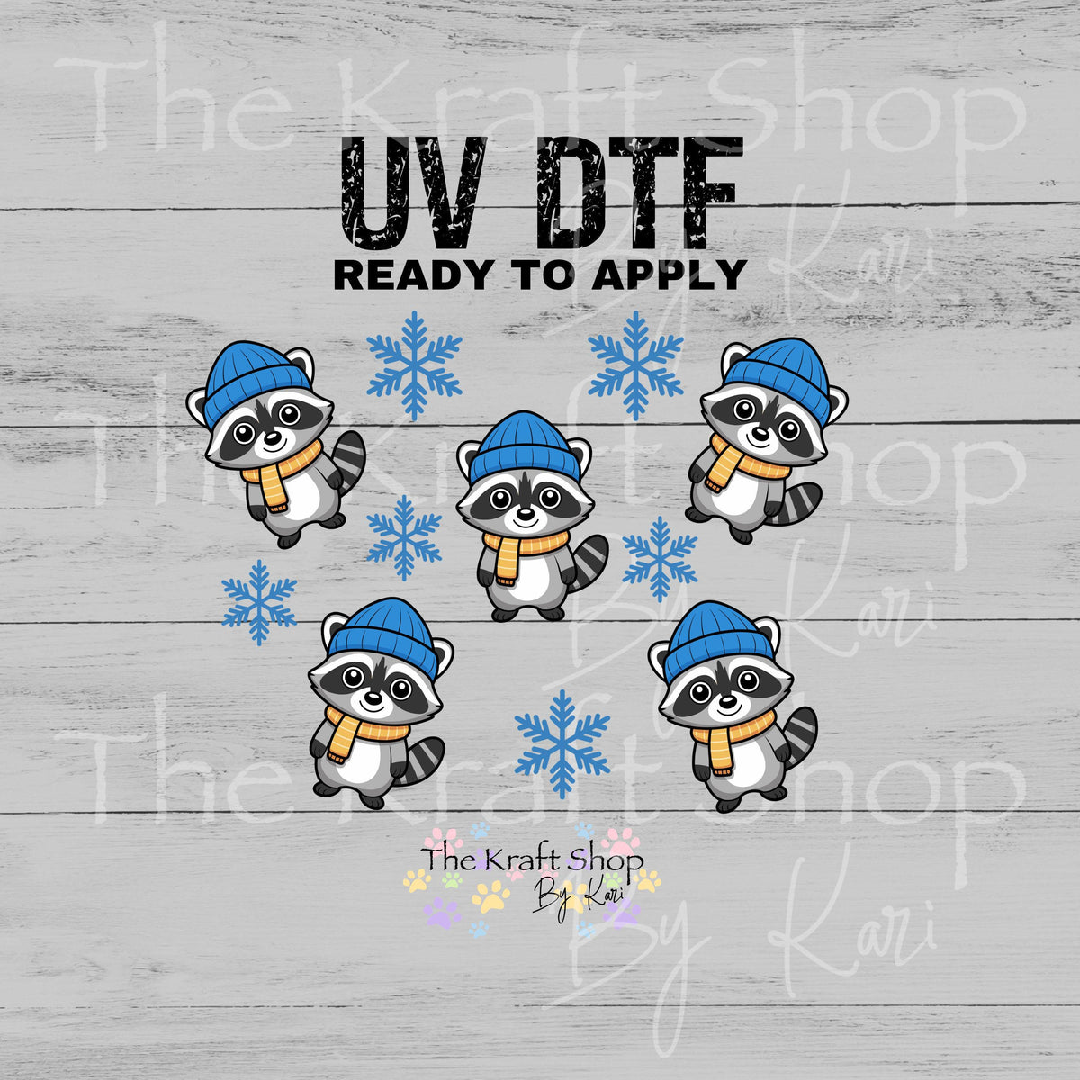 UV DTF Sticker print. Winter Raccoons and snowflakes 24 oz tapered wrap or element sheet of decals for acrylic tumblers #5474