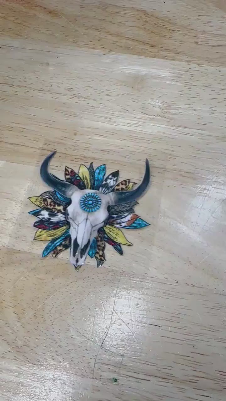 UV DTF Sticker print. Feathered Western cow skull with Flowers decal, tumbler decal, permanent sticker. UV wrap for glass can tumbler. #2001