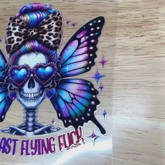 UV dtf  Sticker print Butterfly Skeleton My Last Flying Fuck decal, tumbler decal, permanent sticker. Uv wrap for glass can tumbler. #4191