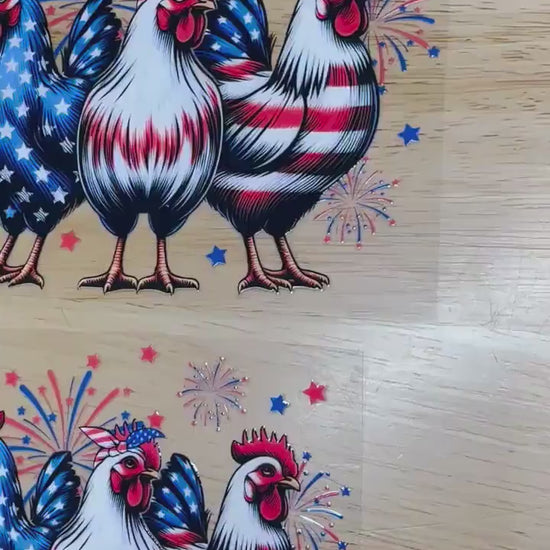 UV DTF Sticker print Patriotic Rooster Trio ready to apply decal, tumbler decal, permanent sticker. Uv wrap for glass can tumbler. #7006