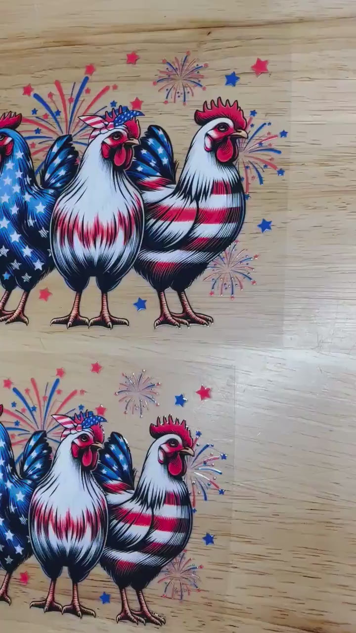 UV DTF Sticker print Patriotic Rooster Trio ready to apply decal, tumbler decal, permanent sticker. Uv wrap for glass can tumbler. #7006