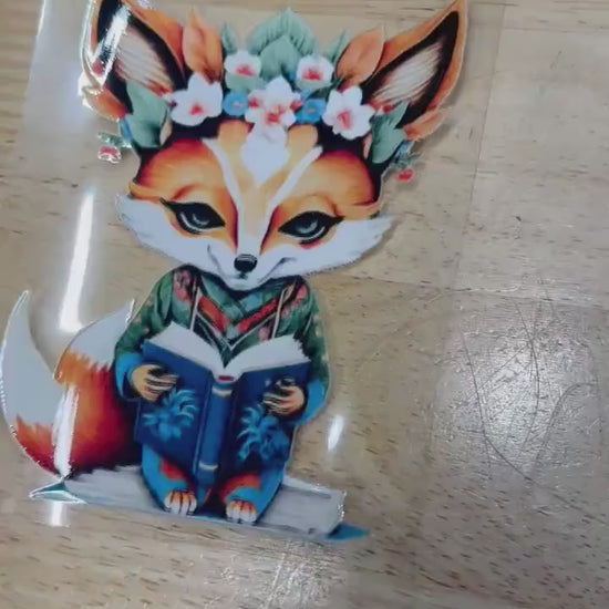 UV DTF Sticker print. Watercolor Fox with book and flowers decal, tumbler decal, permanent sticker. UV wrap for glass can tumbler. #1007