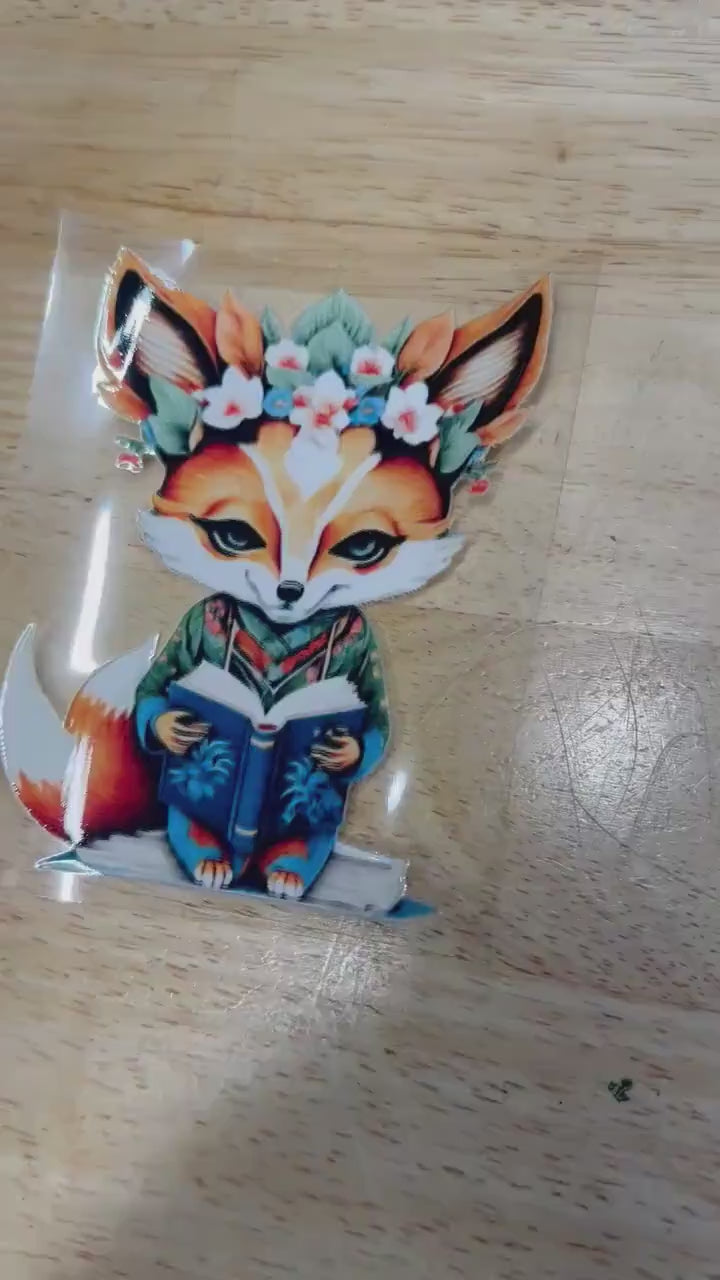 UV DTF Sticker print. Watercolor Fox with book and flowers decal, tumbler decal, permanent sticker. UV wrap for glass can tumbler. #1007