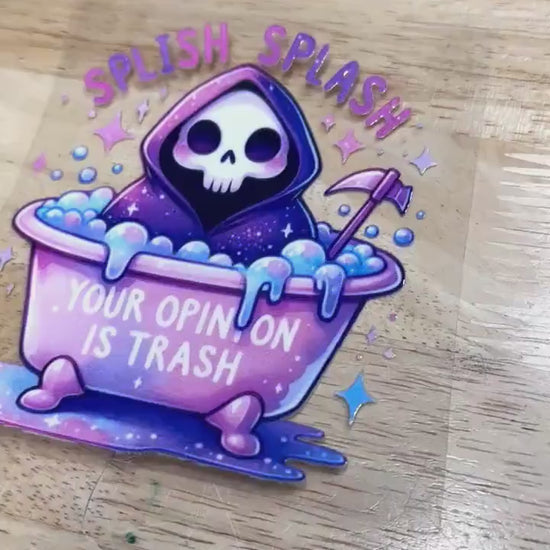 UV DTF Sticker print. Splish splash grim reaper decal, tumbler decal, permanent sticker. UV wrap for glass can tumbler. #4025