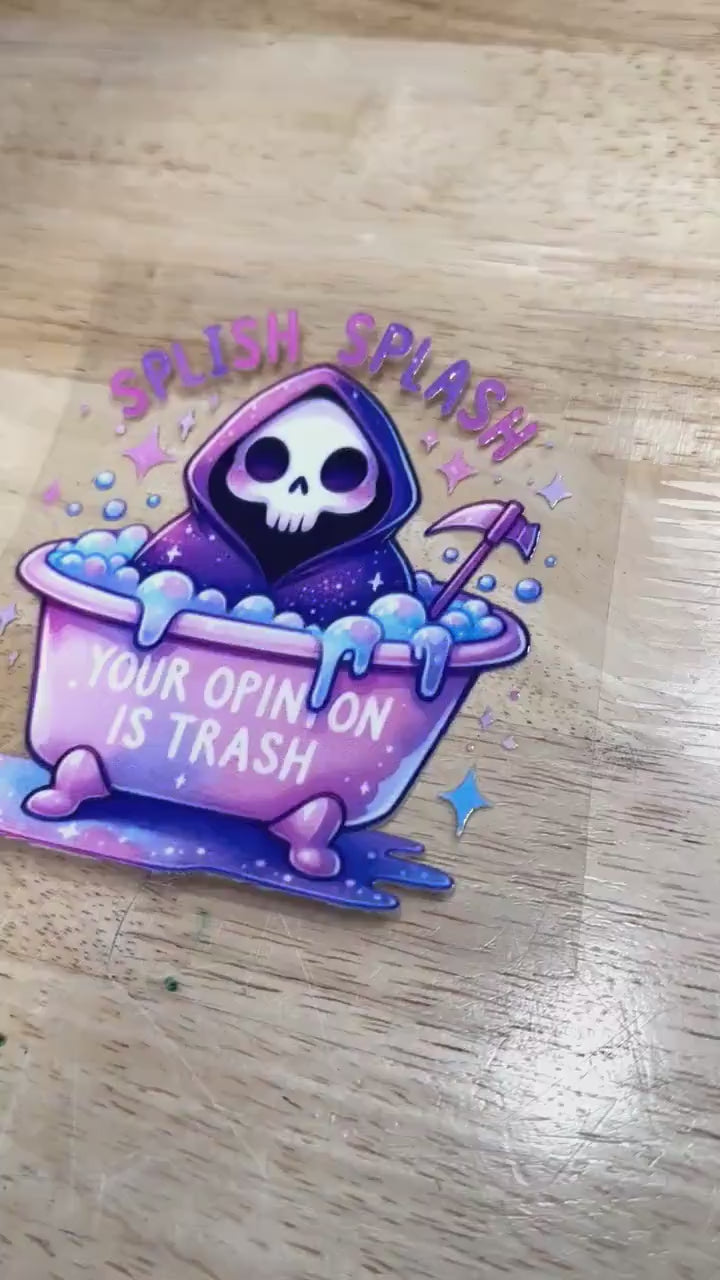 UV DTF Sticker print. Splish splash grim reaper decal, tumbler decal, permanent sticker. UV wrap for glass can tumbler. #4025