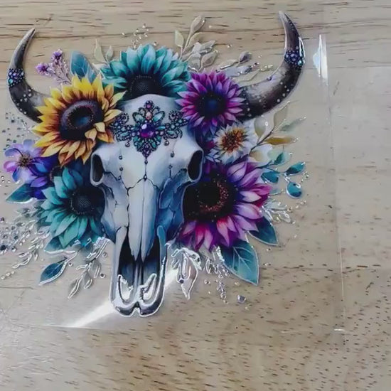 UV DTF Sticker print. Teal and purple bull skull decal, tumbler decal, permanent sticker. Uv wrap for glass can tumbler. #2017