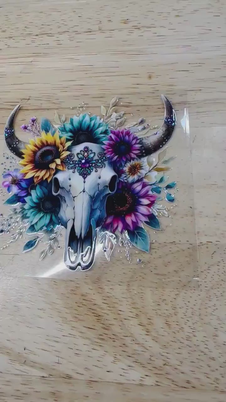 UV DTF Sticker print. Teal and purple bull skull decal, tumbler decal, permanent sticker. Uv wrap for glass can tumbler. #2017