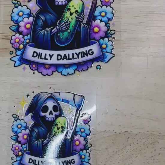 UV DTF Sticker print. Dilly Dallying Grim Reaper decal, tumbler decal, permanent sticker. UV wrap for glass can tumbler. #4123