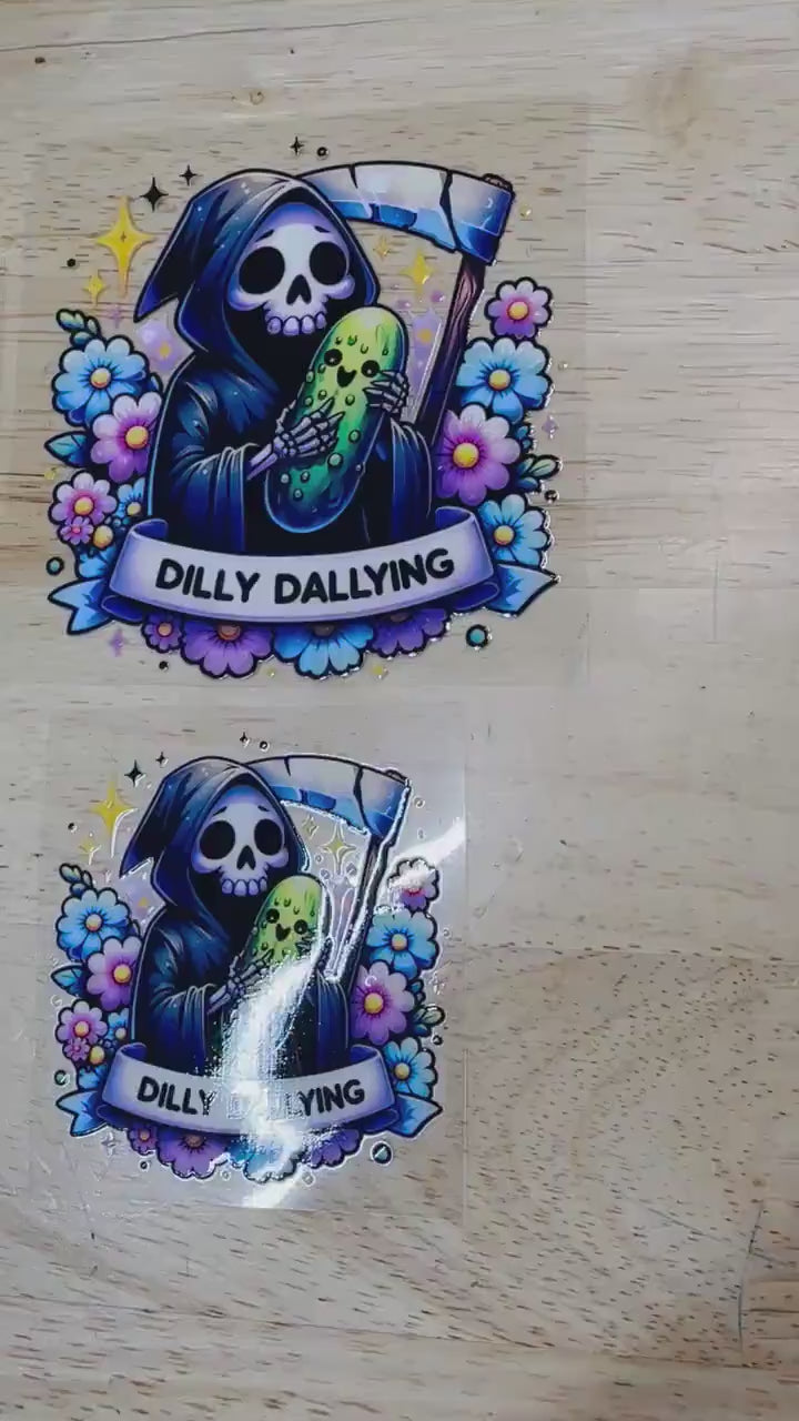 UV DTF Sticker print. Dilly Dallying Grim Reaper decal, tumbler decal, permanent sticker. UV wrap for glass can tumbler. #4123